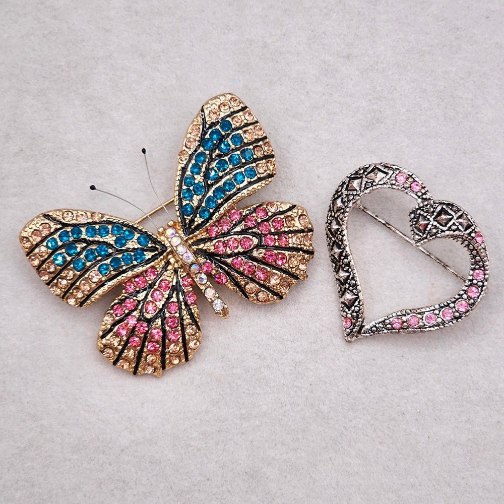 Vintage Rhinestone Butterfly and Heart Brooch Pin Set Pink Whimsical